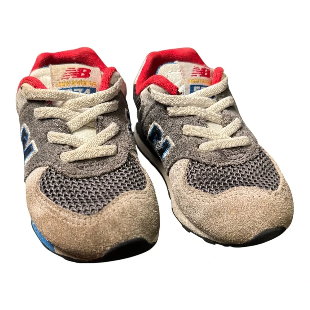 New Balance 574 Bungee Lace Sneakers Toddler Grey Blue Red Accent‎ Shoes